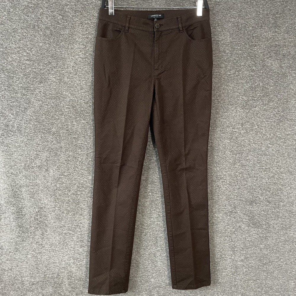 Lafayette 148 New York Dress Pants Womens 6 Brown Geometric Twill Slim Stretch